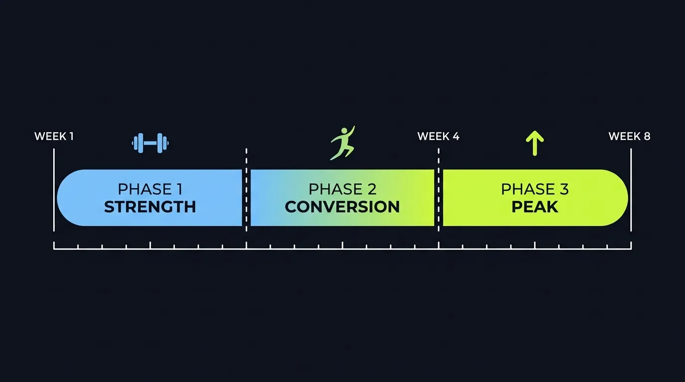 Eight-week vertical jump program three phases: strength, conversion and peak, with week markers