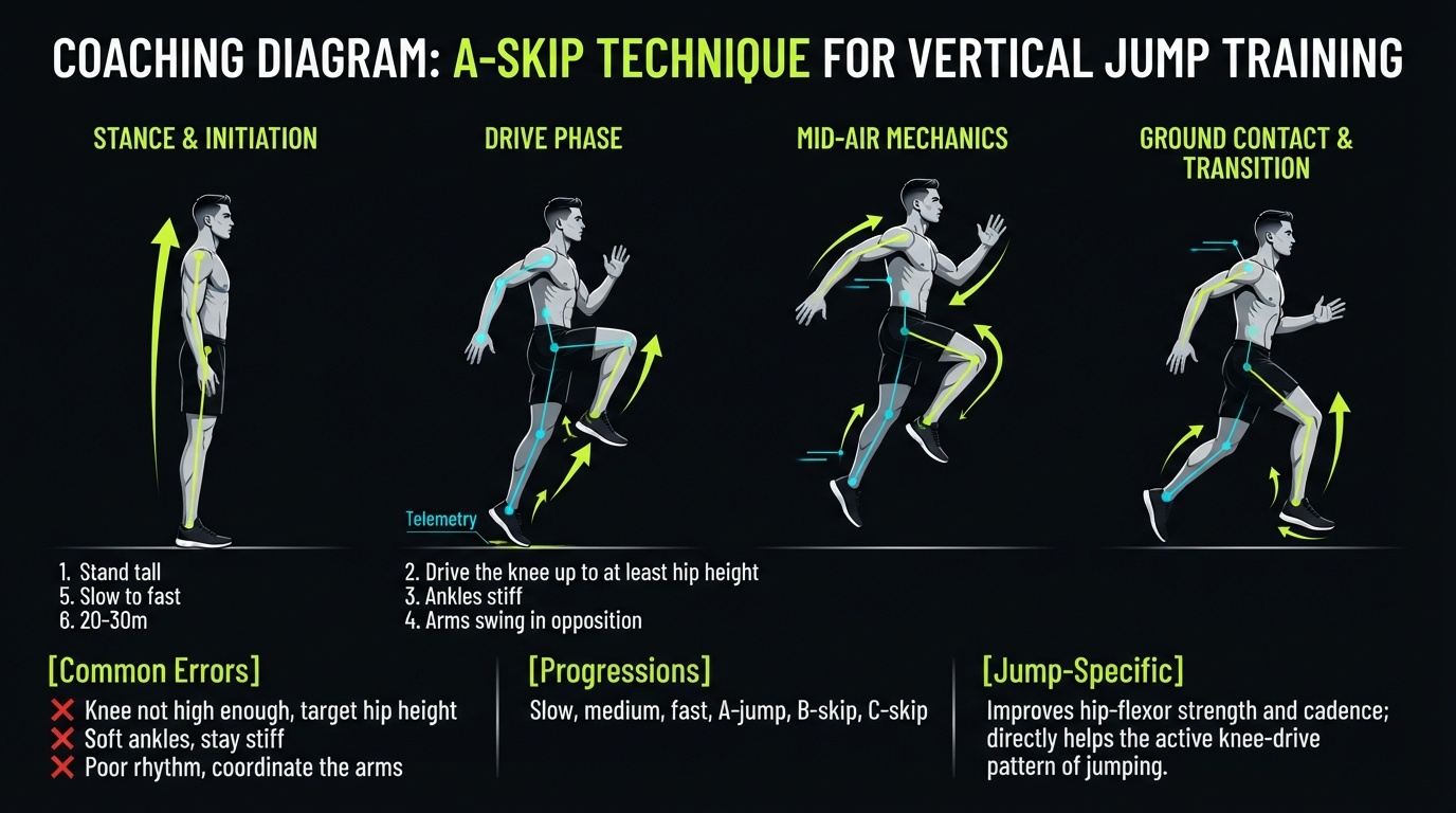 A-Skip 4-step technique breakdown: setup, execution, peak extension, and recovery for vertical jump training