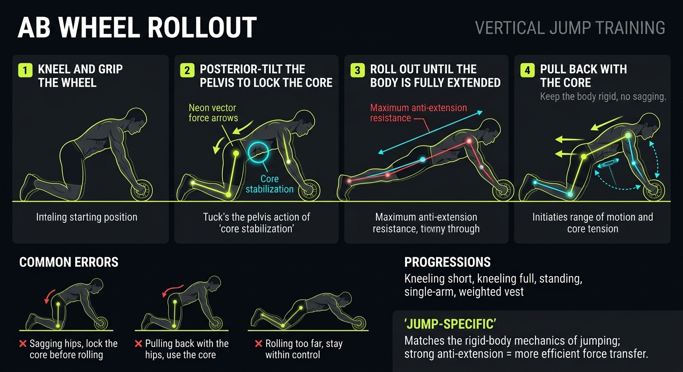 Ab Wheel Rollout 4-step technique breakdown: setup, execution, peak extension, and recovery for vertical jump training