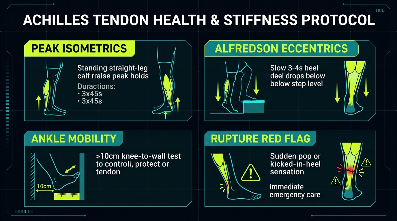 Achilles tendon health and stiffness protocol: calf raise peak isometrics, Alfredson eccentric heel drops, ankle mobility, and rupture red flags