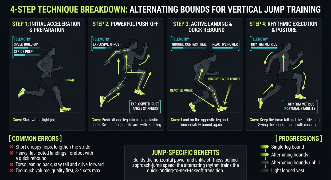Alternating Bounds 4-step technique breakdown: setup, execution, peak extension, and recovery for vertical jump training