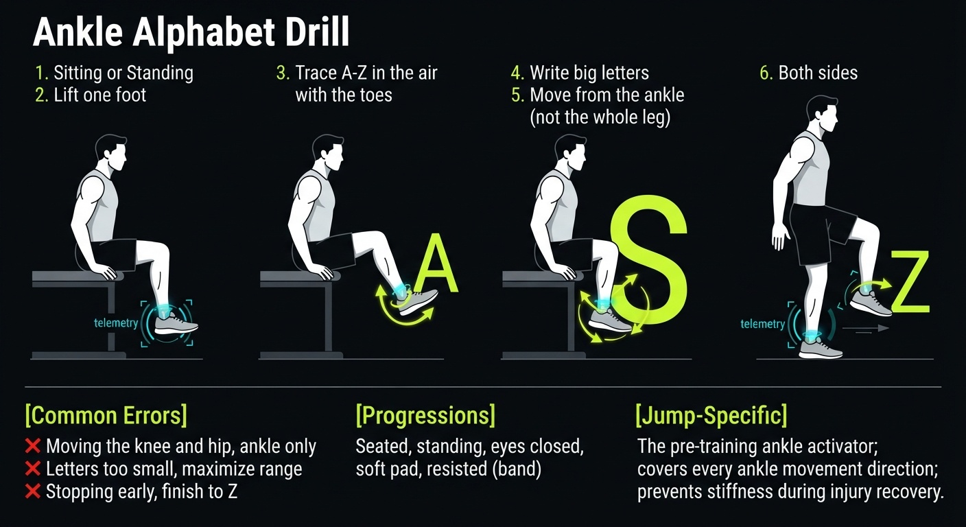 Ankle Alphabet Drill 4-step technique breakdown: setup, execution, peak extension, and recovery for vertical jump training