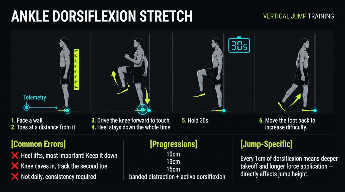 Ankle Dorsiflexion Stretch 4-step technique breakdown: setup, execution, peak extension, and recovery for vertical jump training