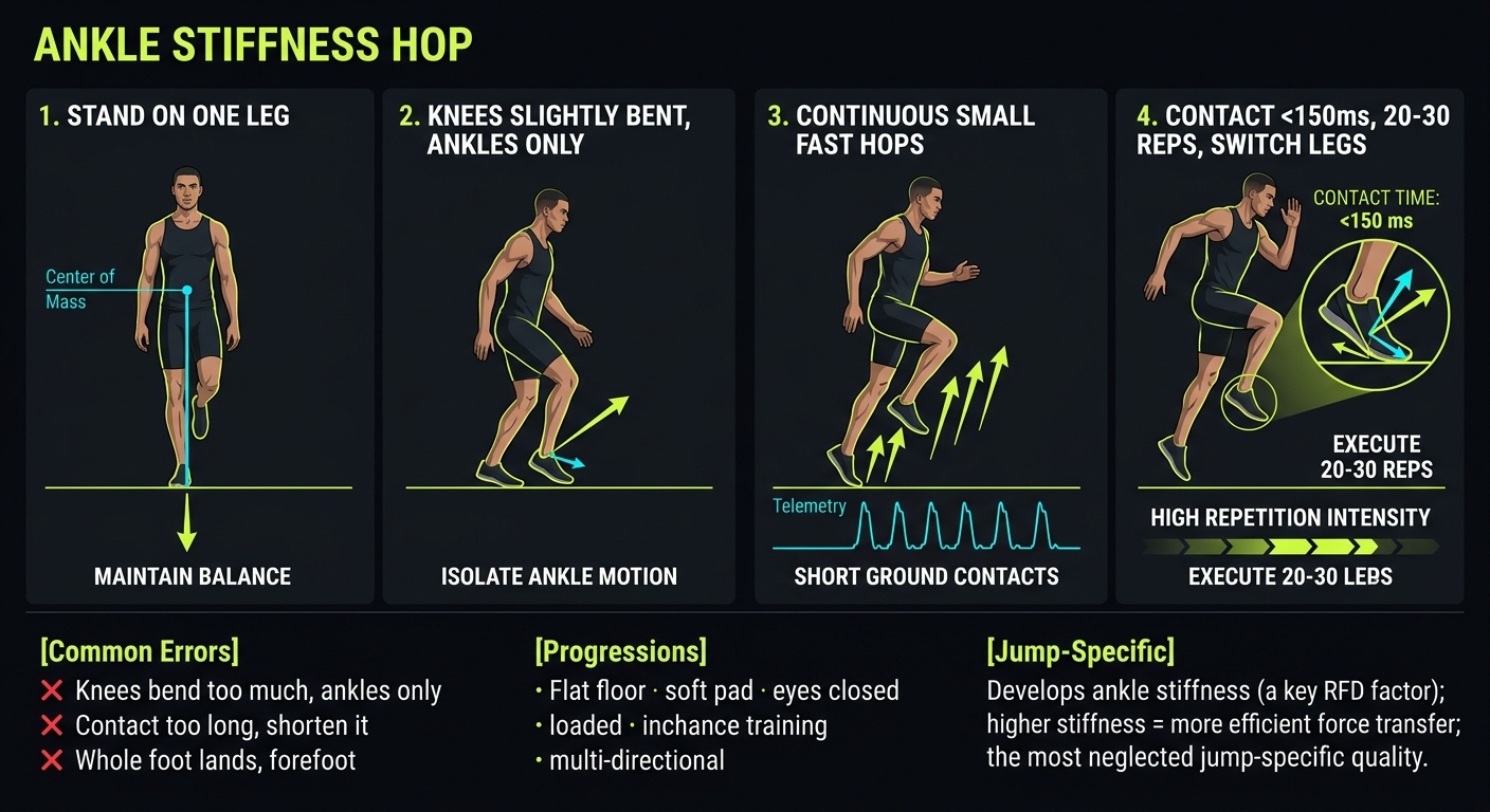 Ankle Stiffness Hop 4-step technique breakdown: setup, execution, peak extension, and recovery for vertical jump training