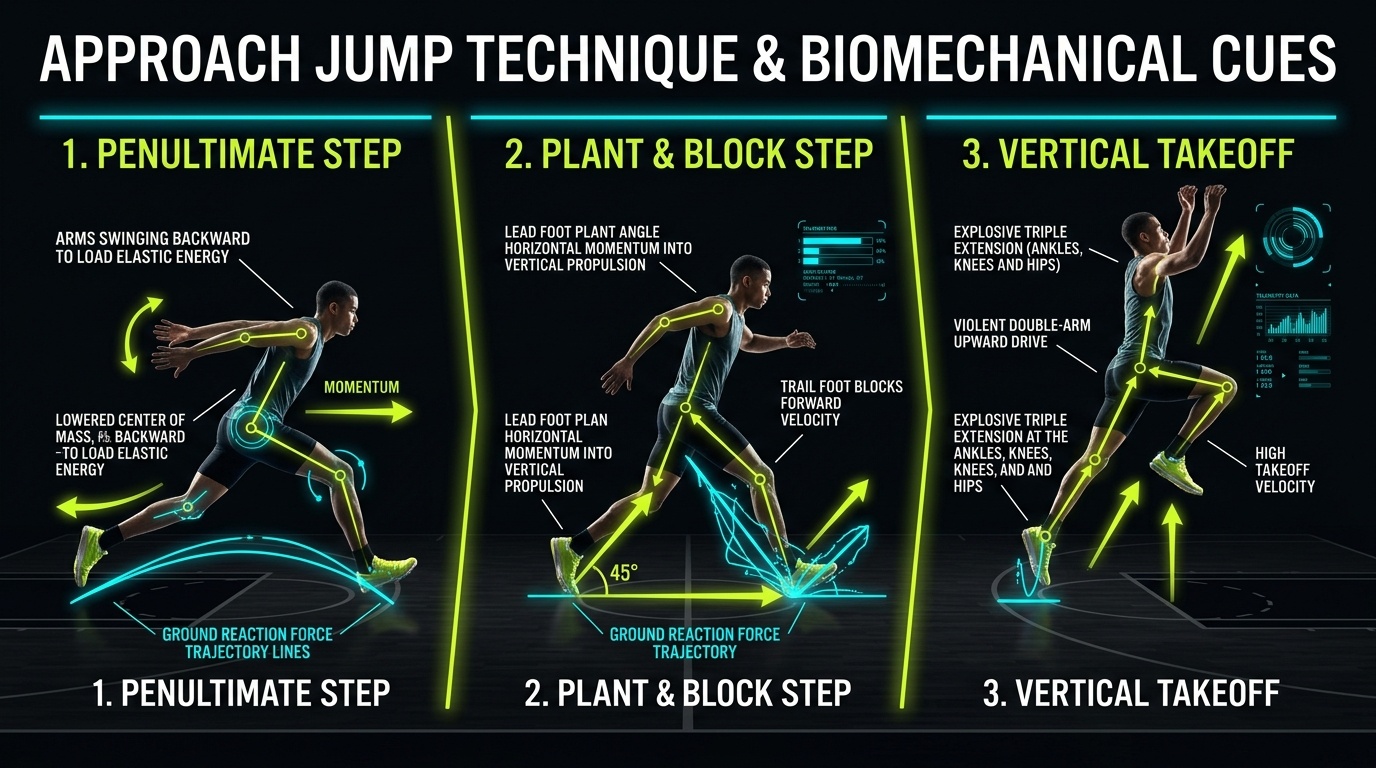Sports science biomechanics diagram of running approach jump three-step breakdown: penultimate step, block step, and vertical takeoff with ground reaction force telemetry
