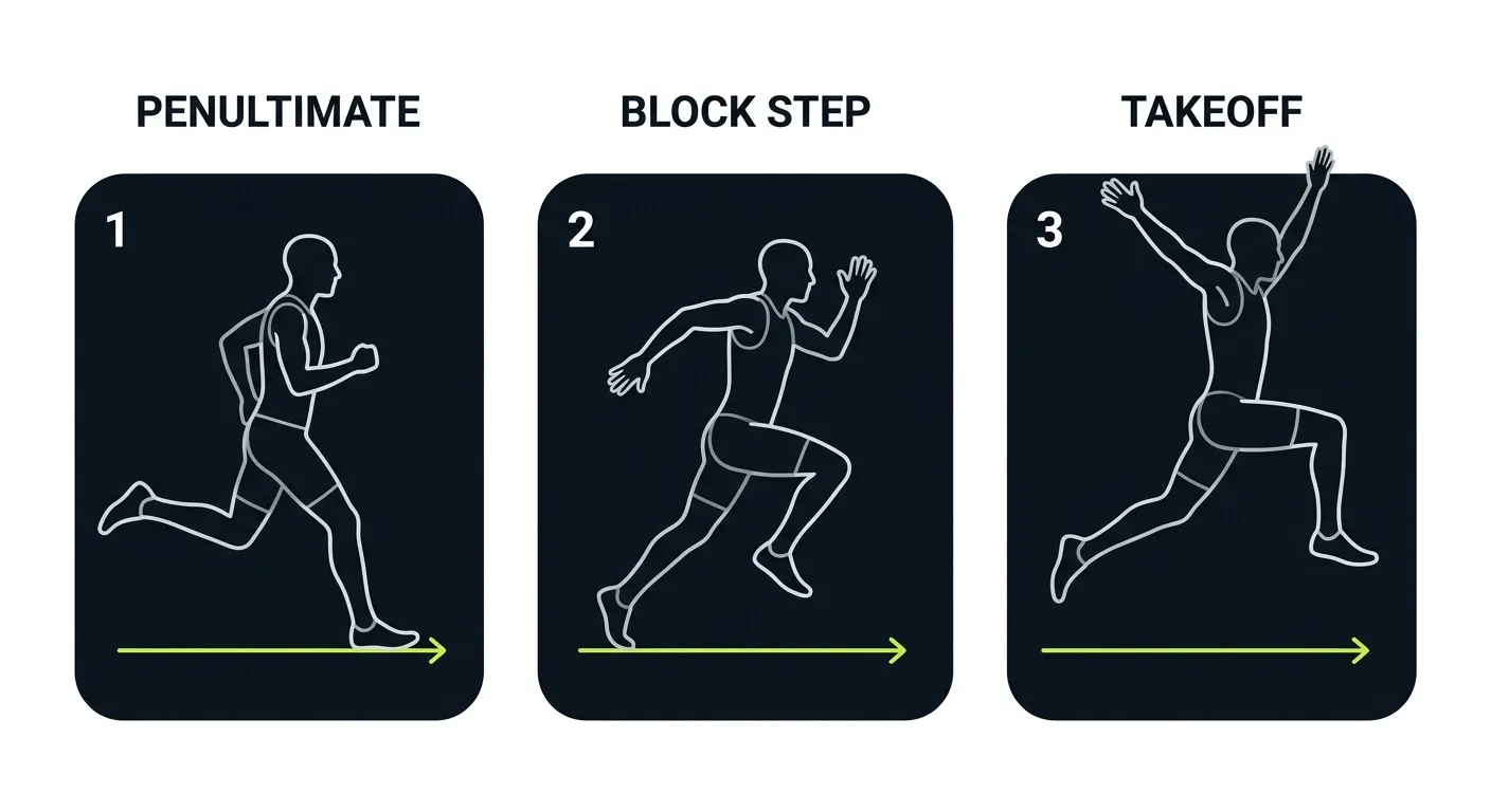 Running approach jump three-step breakdown: penultimate step, block step and takeoff, with forward direction arrows