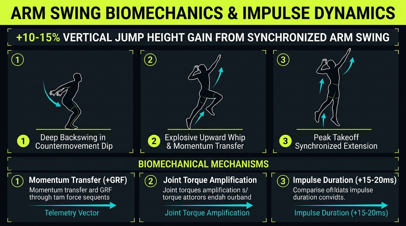Arm swing biomechanics and impulse dynamics in the vertical jump showing 10-15% jump height gain, momentum transfer, and 3-step synchronization