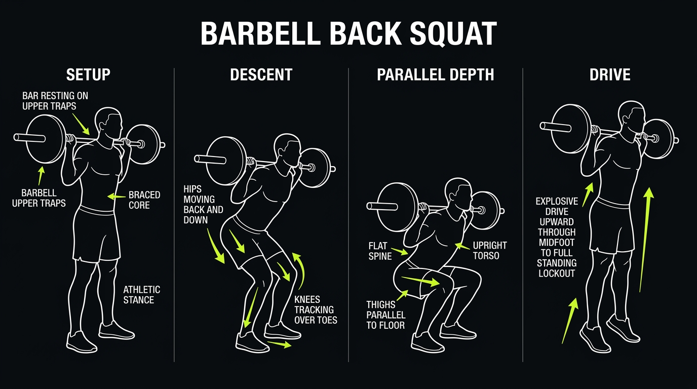 Barbell back squat technique breakdown: setup on traps, braced descent, parallel depth, and explosive drive through midfoot