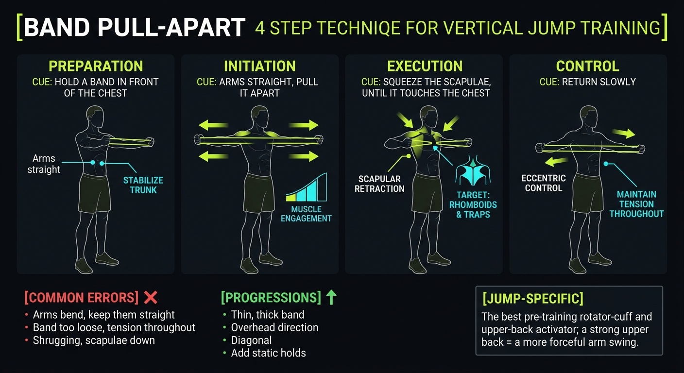 Band Pull-Apart 4-step technique breakdown: setup, execution, peak extension, and recovery for vertical jump training