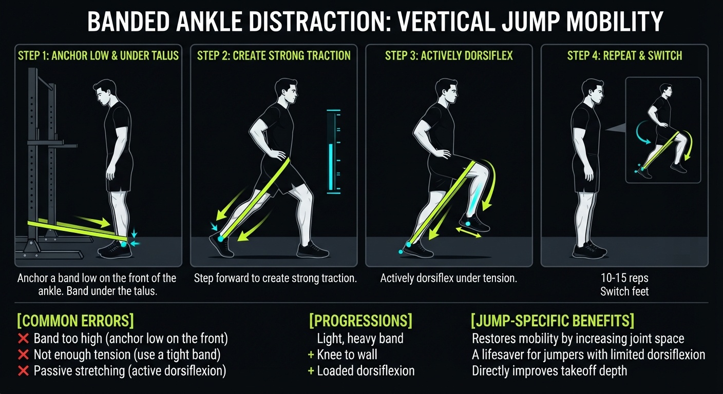 Banded Ankle Distraction 4-step technique breakdown: setup, execution, peak extension, and recovery for vertical jump training