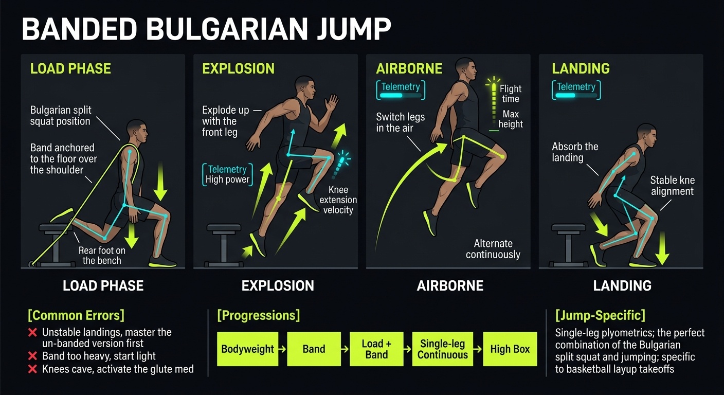 Banded Bulgarian Jump 4-step technique breakdown: setup, execution, peak extension, and recovery for vertical jump training