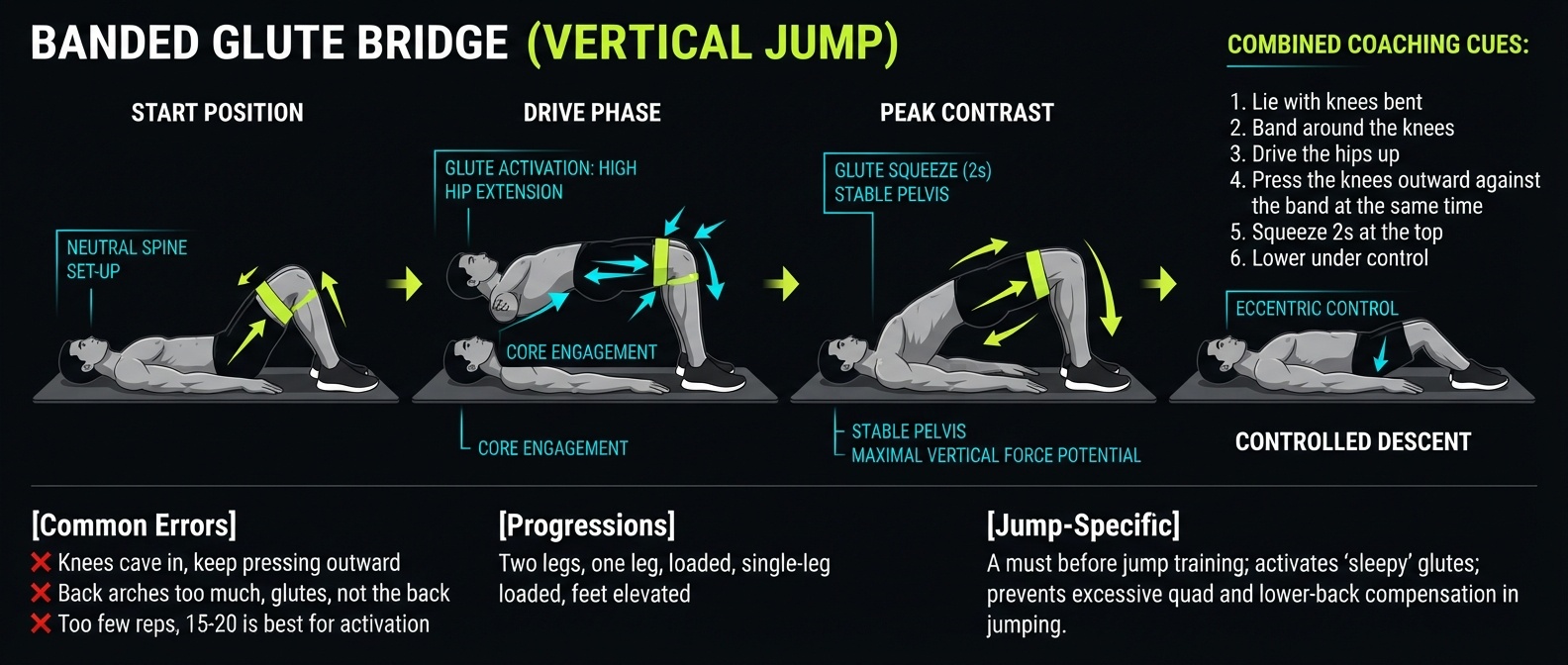 Banded Glute Bridge 4-step technique breakdown: setup, execution, peak extension, and recovery for vertical jump training