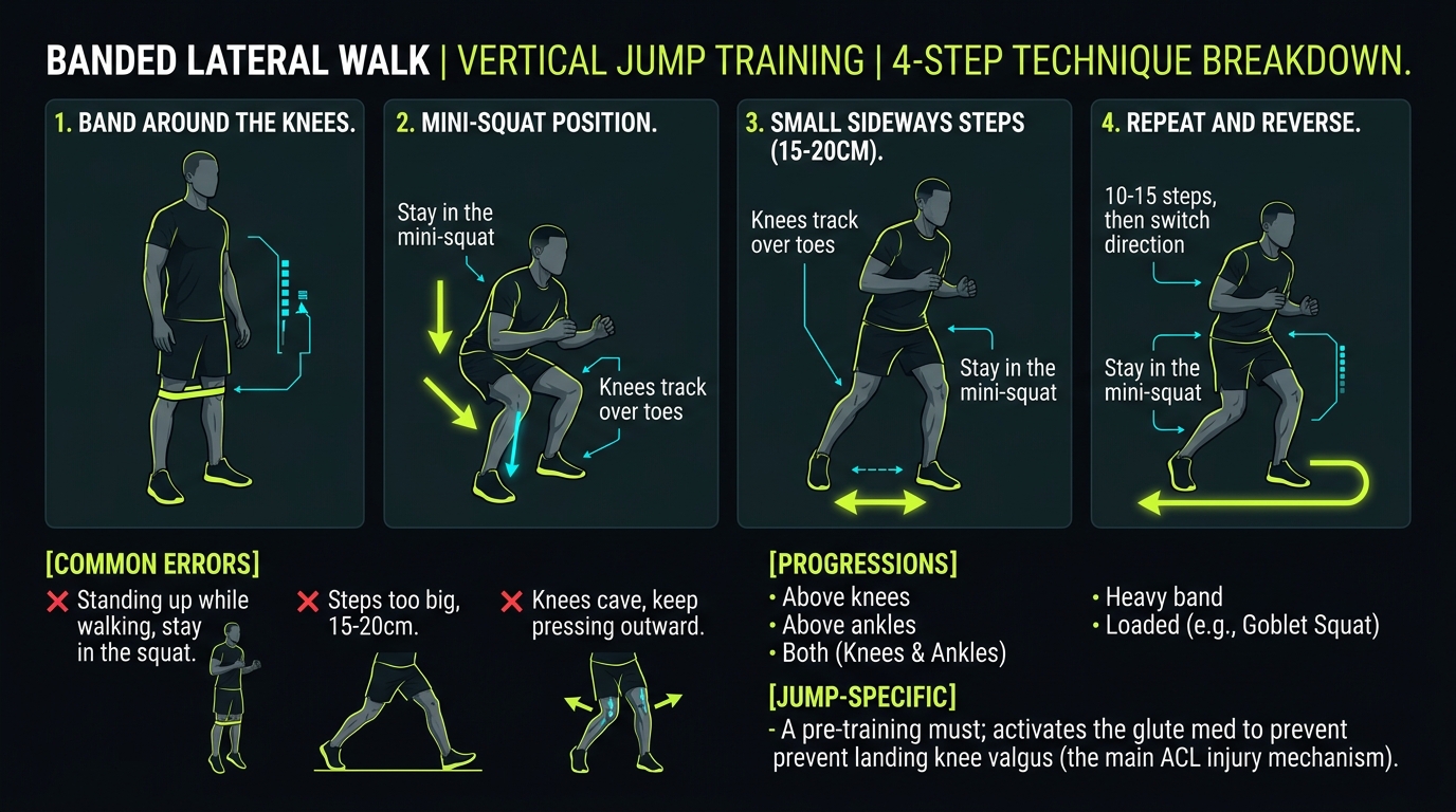 Banded Lateral Walk 4-step technique breakdown: setup, execution, peak extension, and recovery for vertical jump training