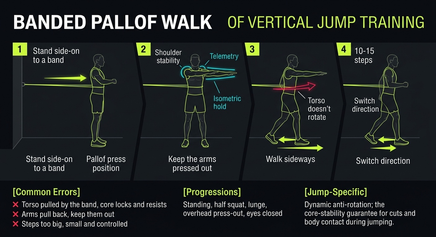 Banded Pallof Walk 4-step technique breakdown: setup, execution, peak extension, and recovery for vertical jump training