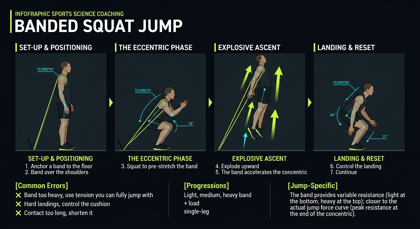 Banded Squat Jump 4-step technique breakdown: setup, execution, peak extension, and recovery for vertical jump training