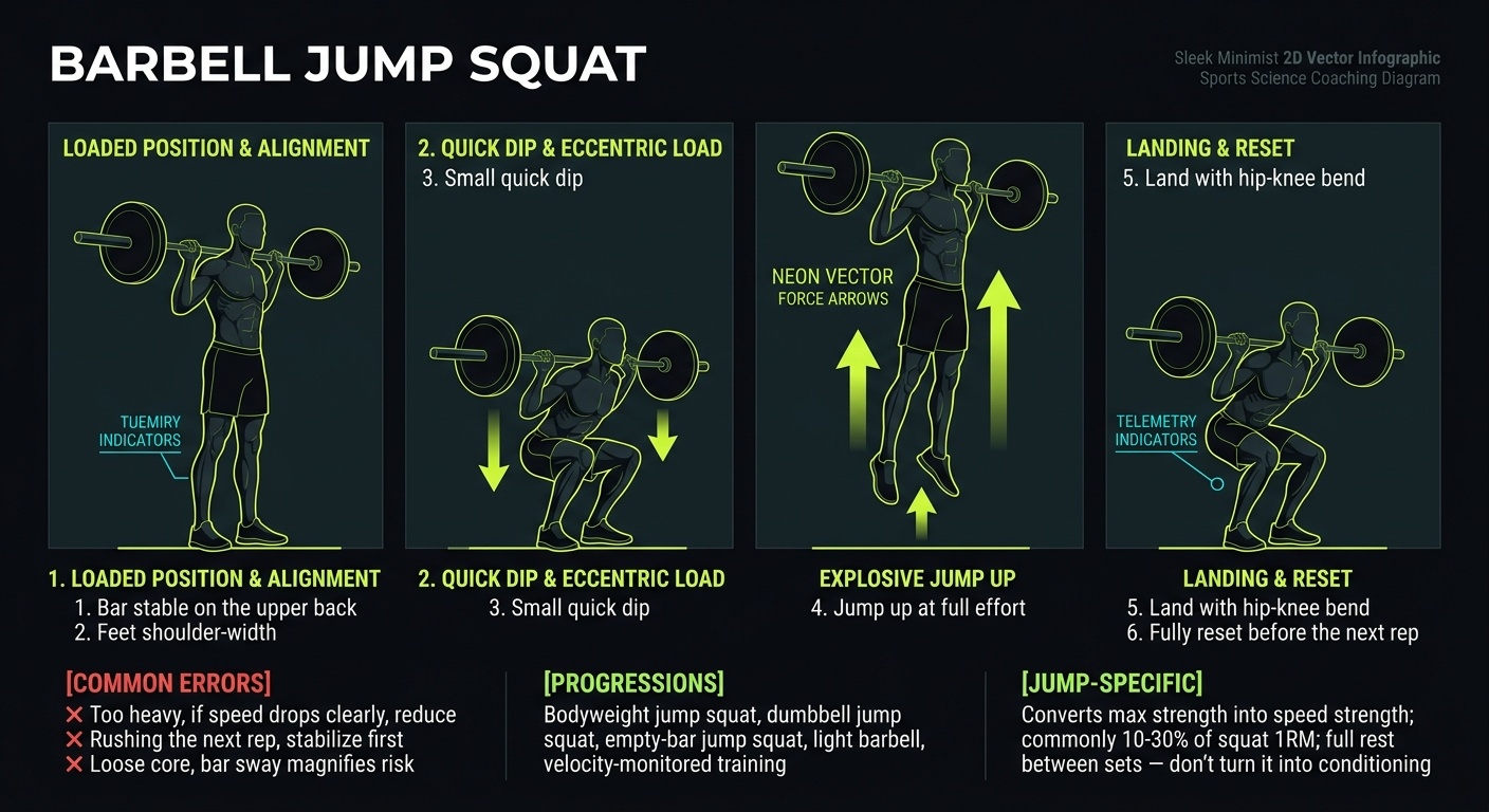 Barbell Jump Squat 4-step technique breakdown: setup, execution, peak extension, and recovery for vertical jump training