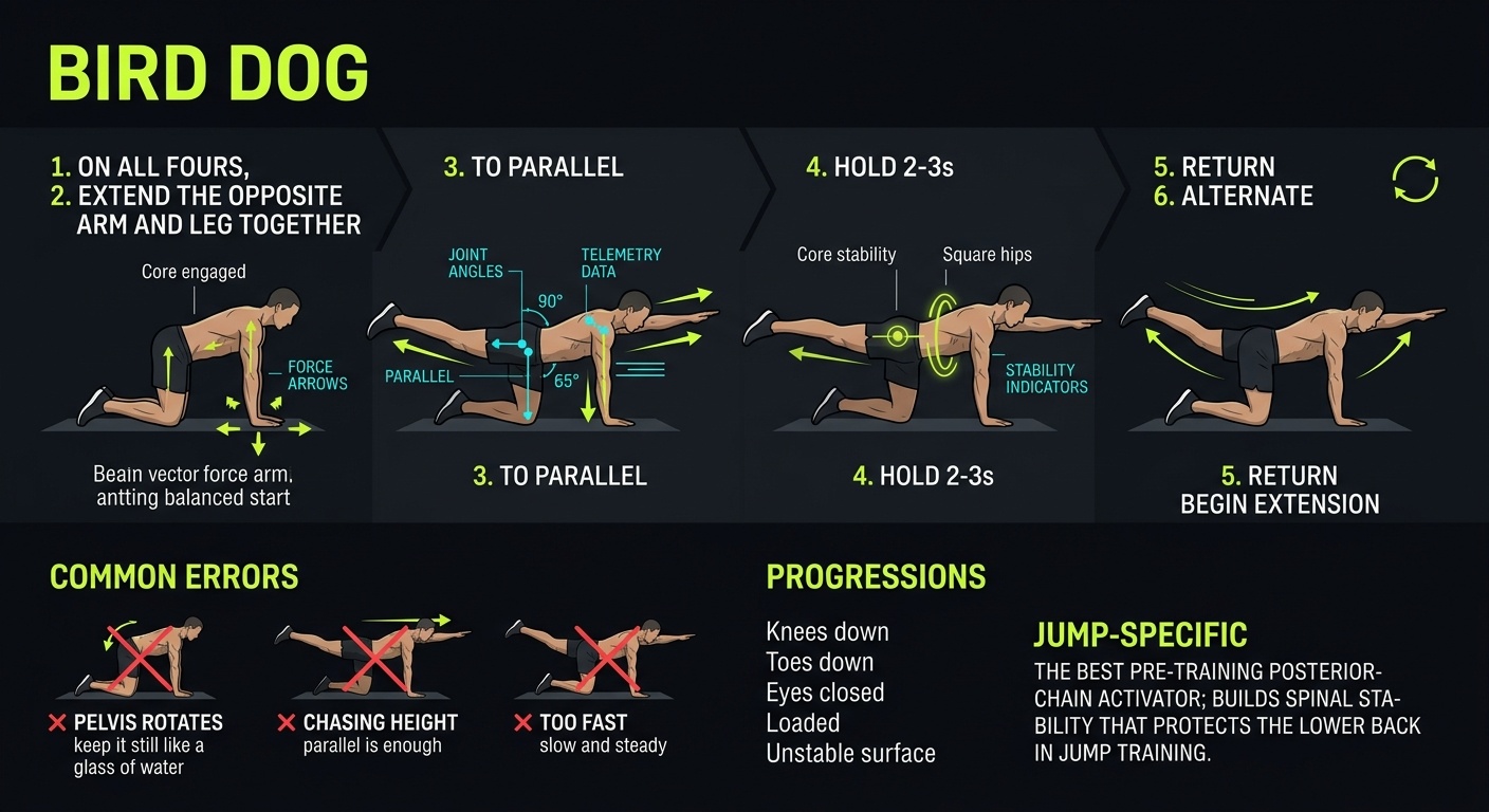Bird Dog 4-step technique breakdown: setup, execution, peak extension, and recovery for vertical jump training