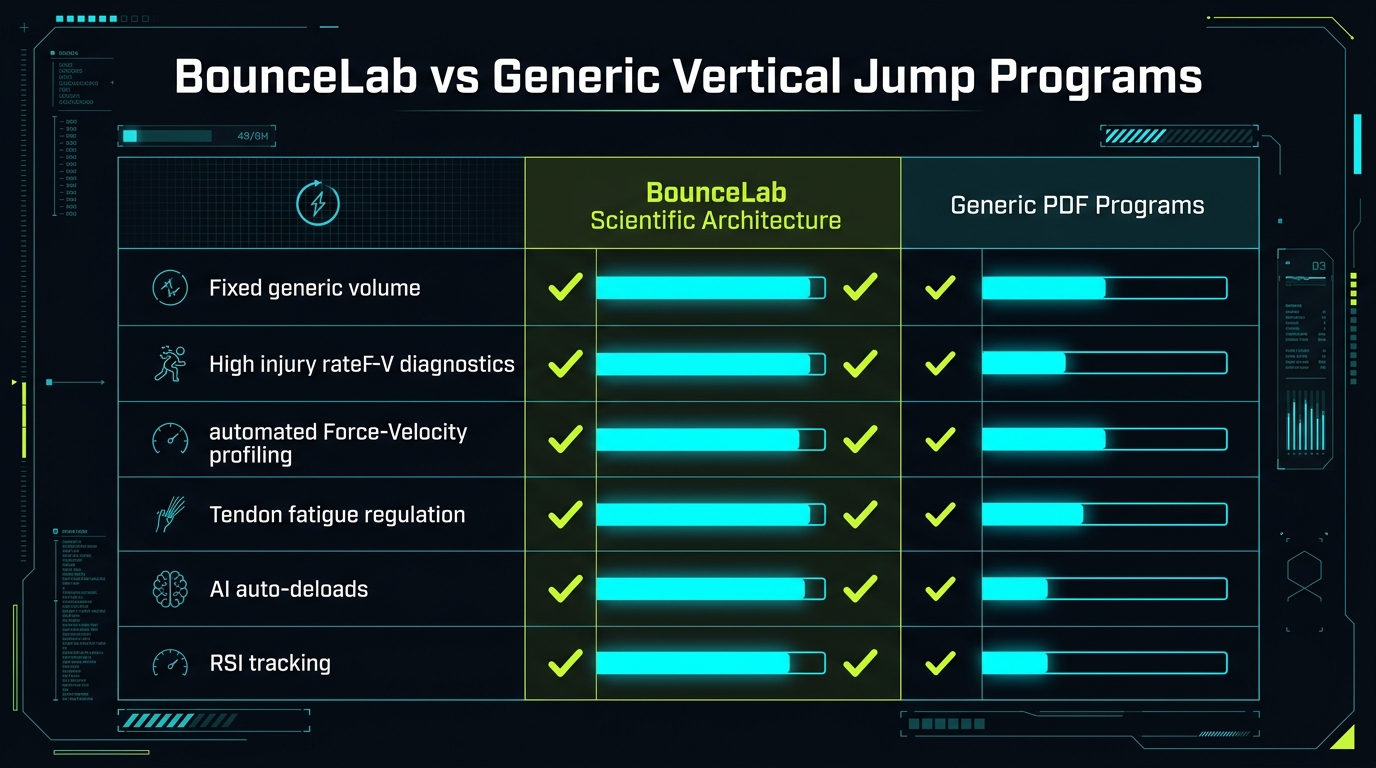 Sports science comparison matrix infographic: BounceLab individualized Force-Velocity profiling versus generic fixed PDF jump training programs