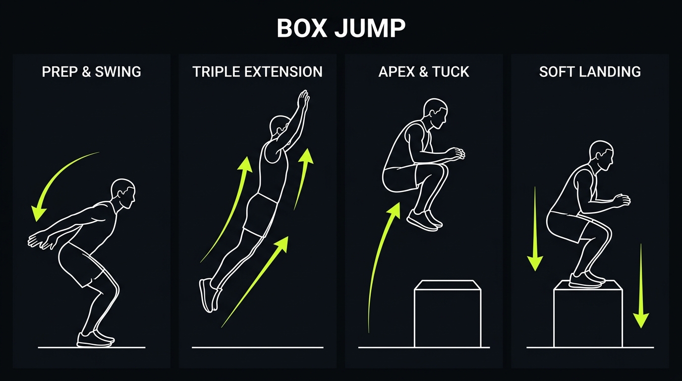 Box jump four-step execution breakdown: countermovement prep, explosive triple extension, apex tuck, and quiet soft landing