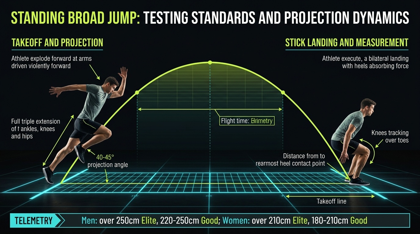 Official standing broad jump measurement protocol diagram: takeoff line, flight trajectory, and heel contact landing distance standards