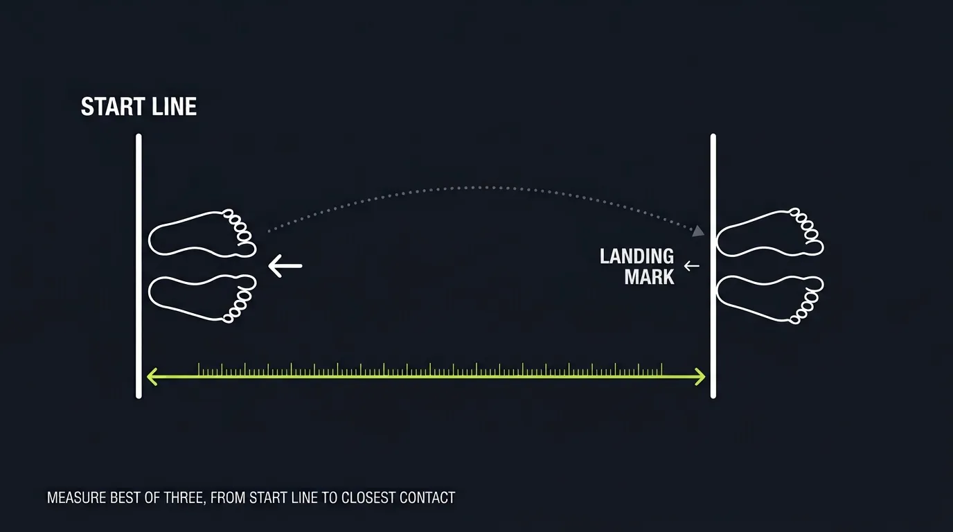 Standing broad jump measurement standards diagram, from start line to closest heel contact, best of three
