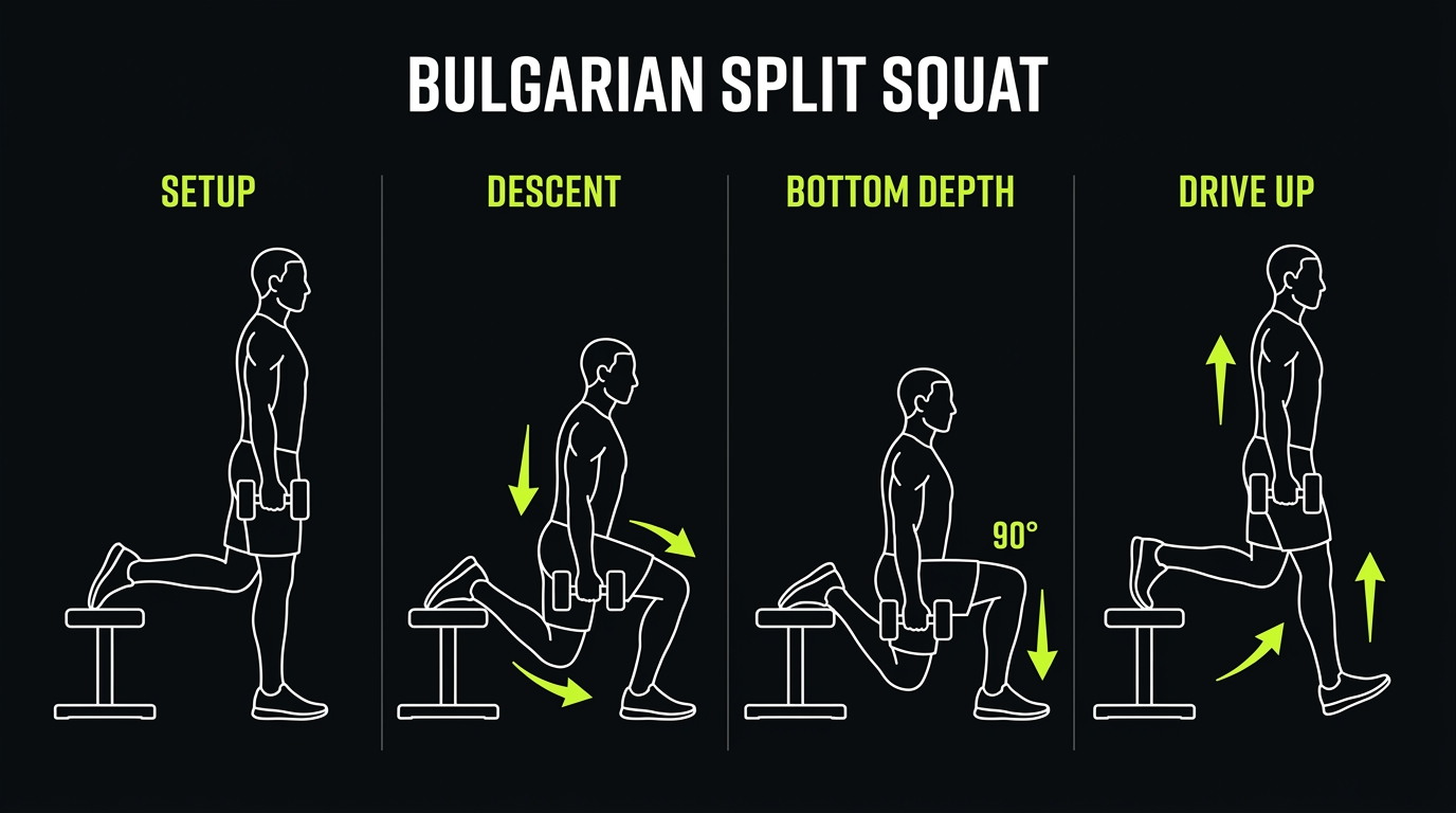 Bulgarian split squat single-leg breakdown: rear foot elevated on bench, controlled descent, 90-degree bottom depth, and powerful drive up