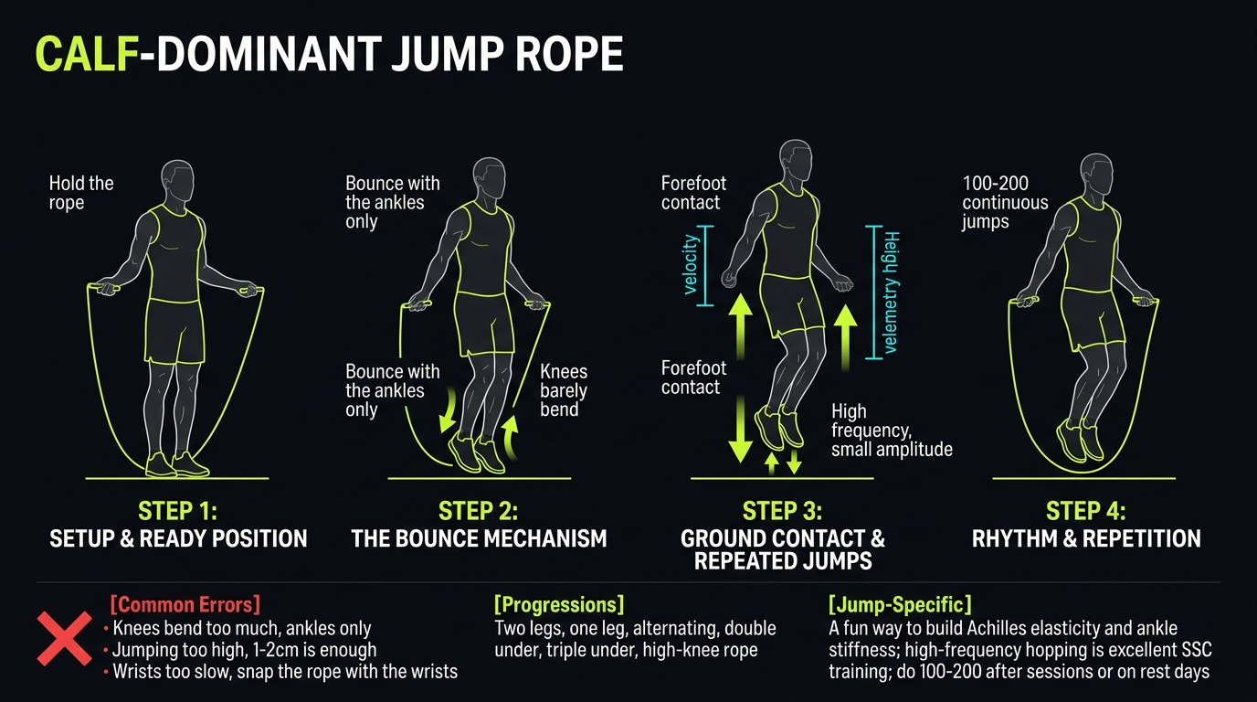 Calf-Dominant Jump Rope 4-step technique breakdown: setup, execution, peak extension, and recovery for vertical jump training