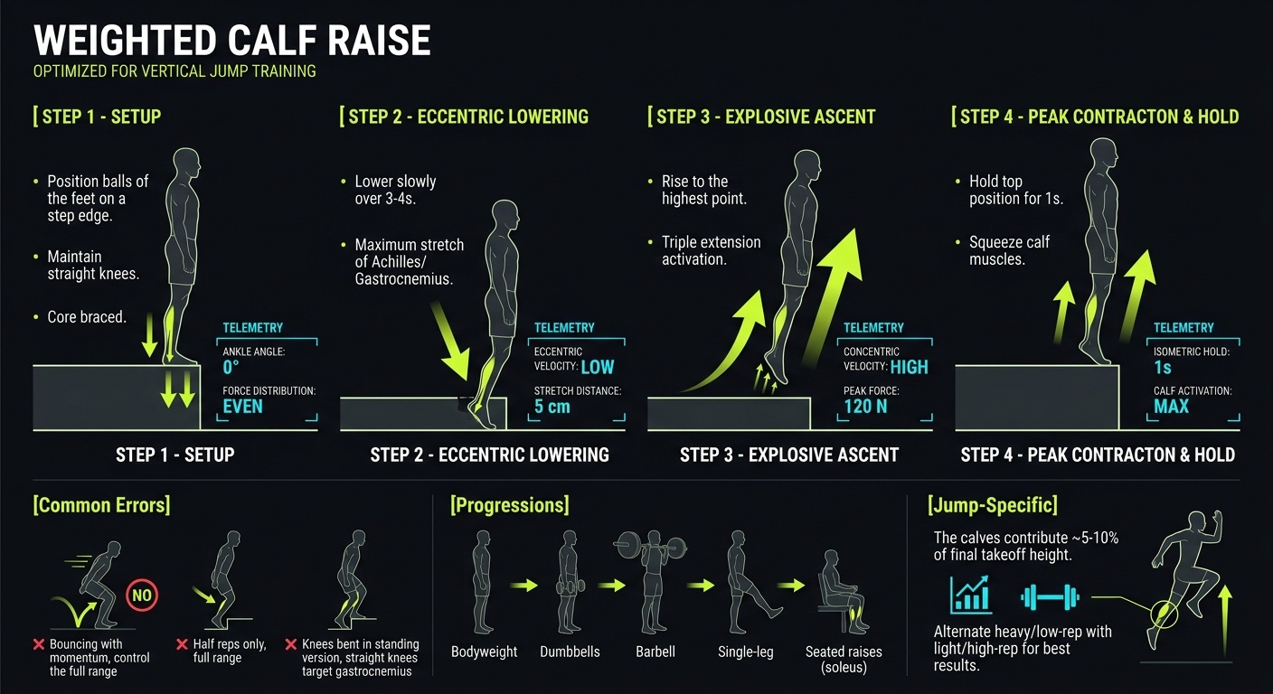 Weighted Calf Raise 4-step technique breakdown: setup, eccentric lowering, explosive ascent, and peak contraction for vertical jump training