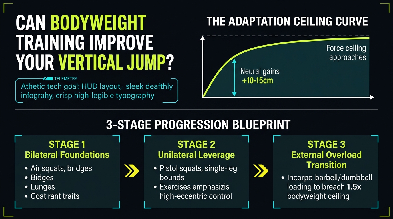 Can bodyweight training improve your vertical jump infographic: adaptation ceiling curve, bilateral foundations, unilateral leverage, and external overload transition
