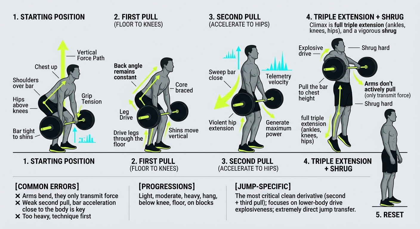 Clean Pull 4-step technique breakdown: setup, execution, peak extension, and recovery for vertical jump training