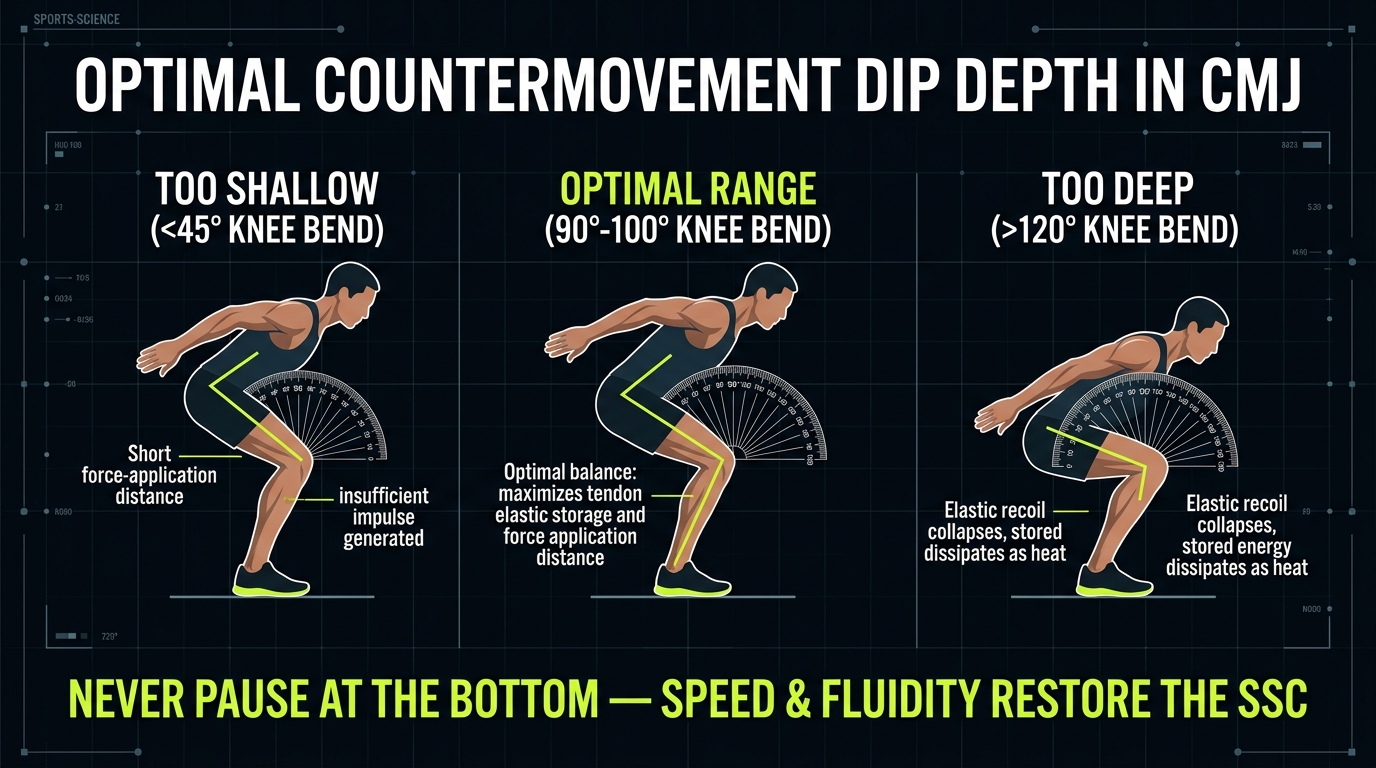 Optimal countermovement dip depth in CMJ comparing shallow under 45 degrees, optimal 90 to 100 degrees knee bend, and deep over 120 degrees with fluid transition