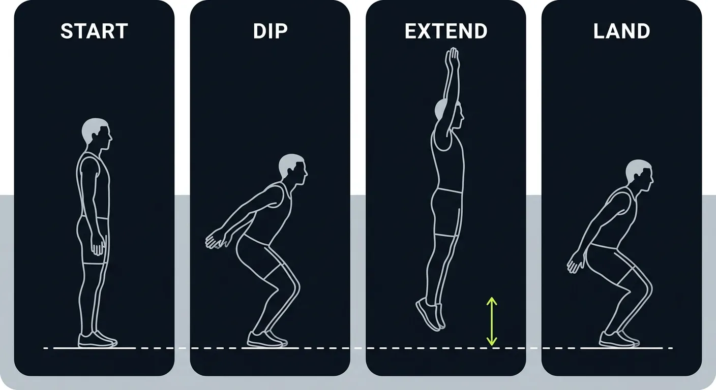 Countermovement jump four-step breakdown: start, dip, extend and land, with a lime-green jump height arrow