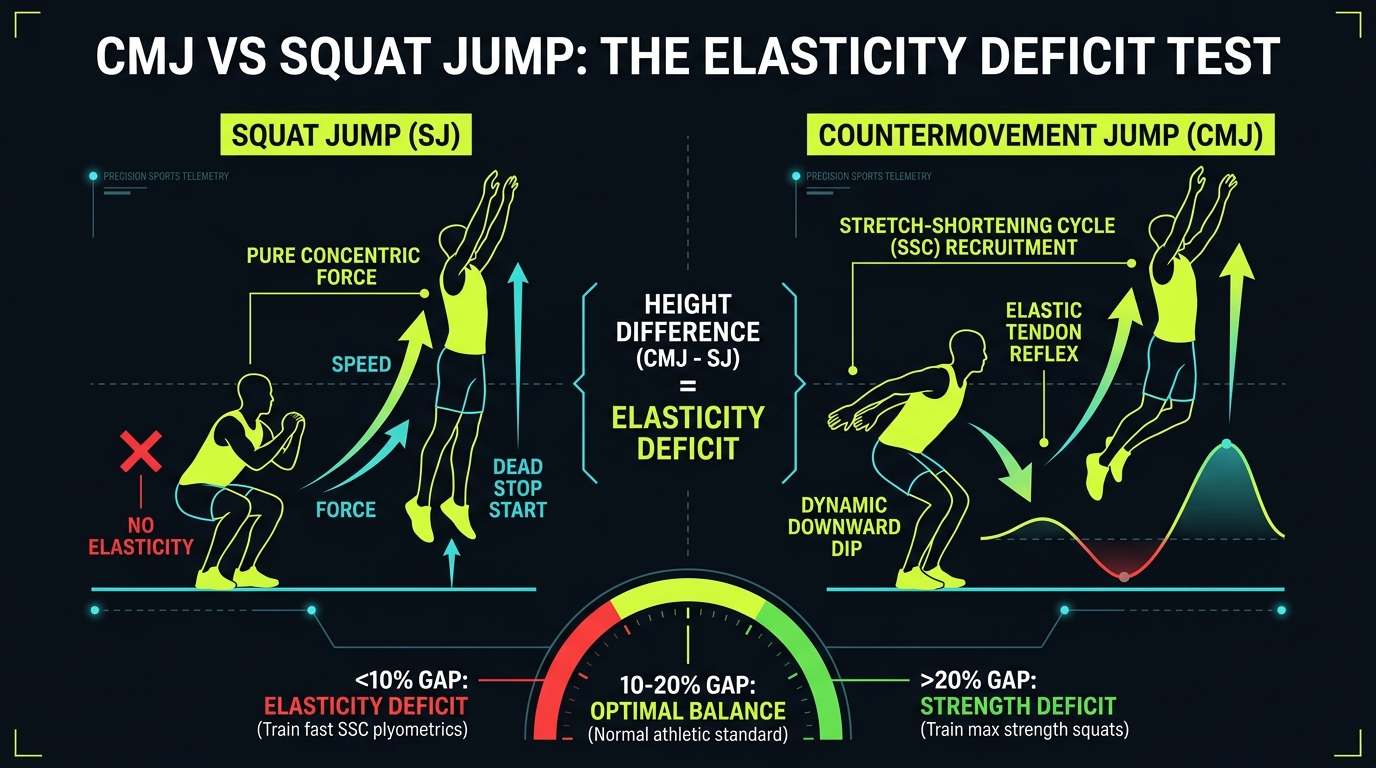 Countermovement jump versus squat jump elasticity deficit test diagram, showing pure concentric force versus elastic tendon recoil with EUR percentage gap gauge