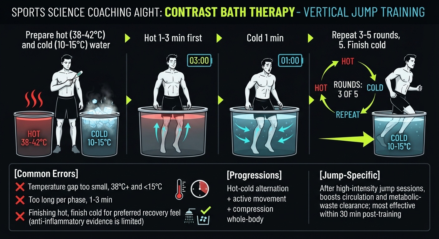 Contrast Bath Therapy 4-step technique breakdown: setup, execution, peak extension, and recovery for vertical jump training