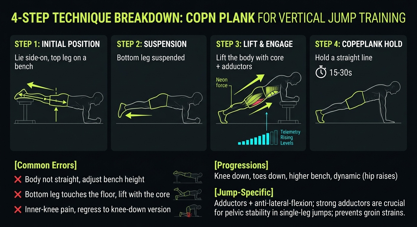 Copenhagen Plank 4-step technique breakdown: setup, execution, peak extension, and recovery for vertical jump training