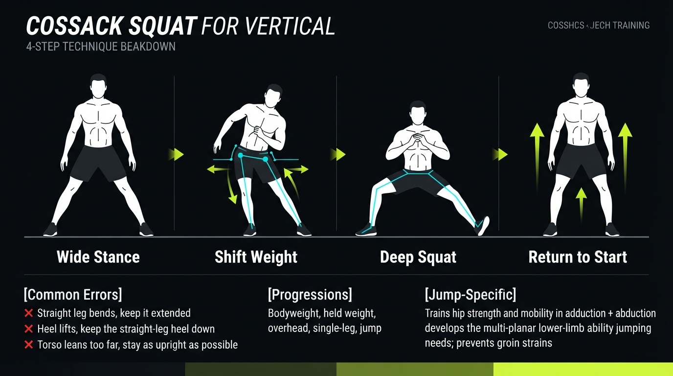 Cossack Squat 4-step technique breakdown: setup, execution, peak extension, and recovery for vertical jump training