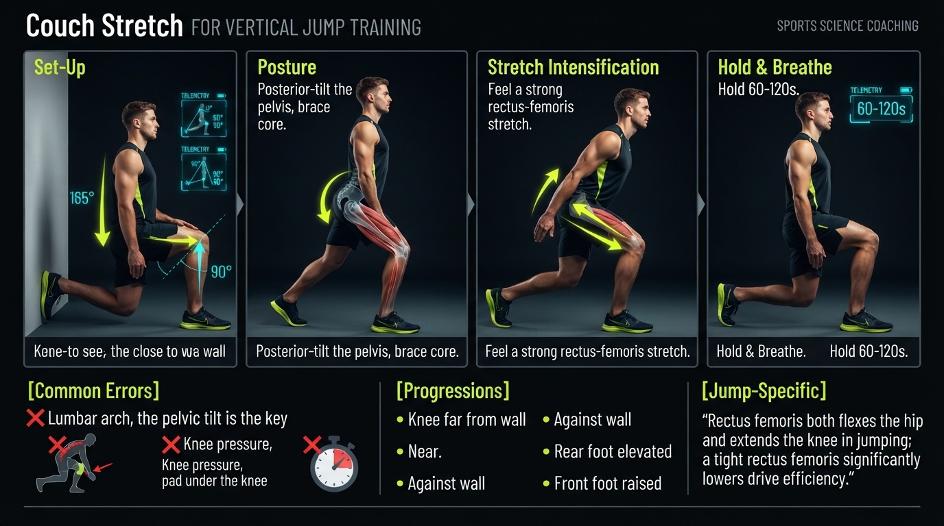 Couch Stretch 4-step technique breakdown: setup, execution, peak extension, and recovery for vertical jump training