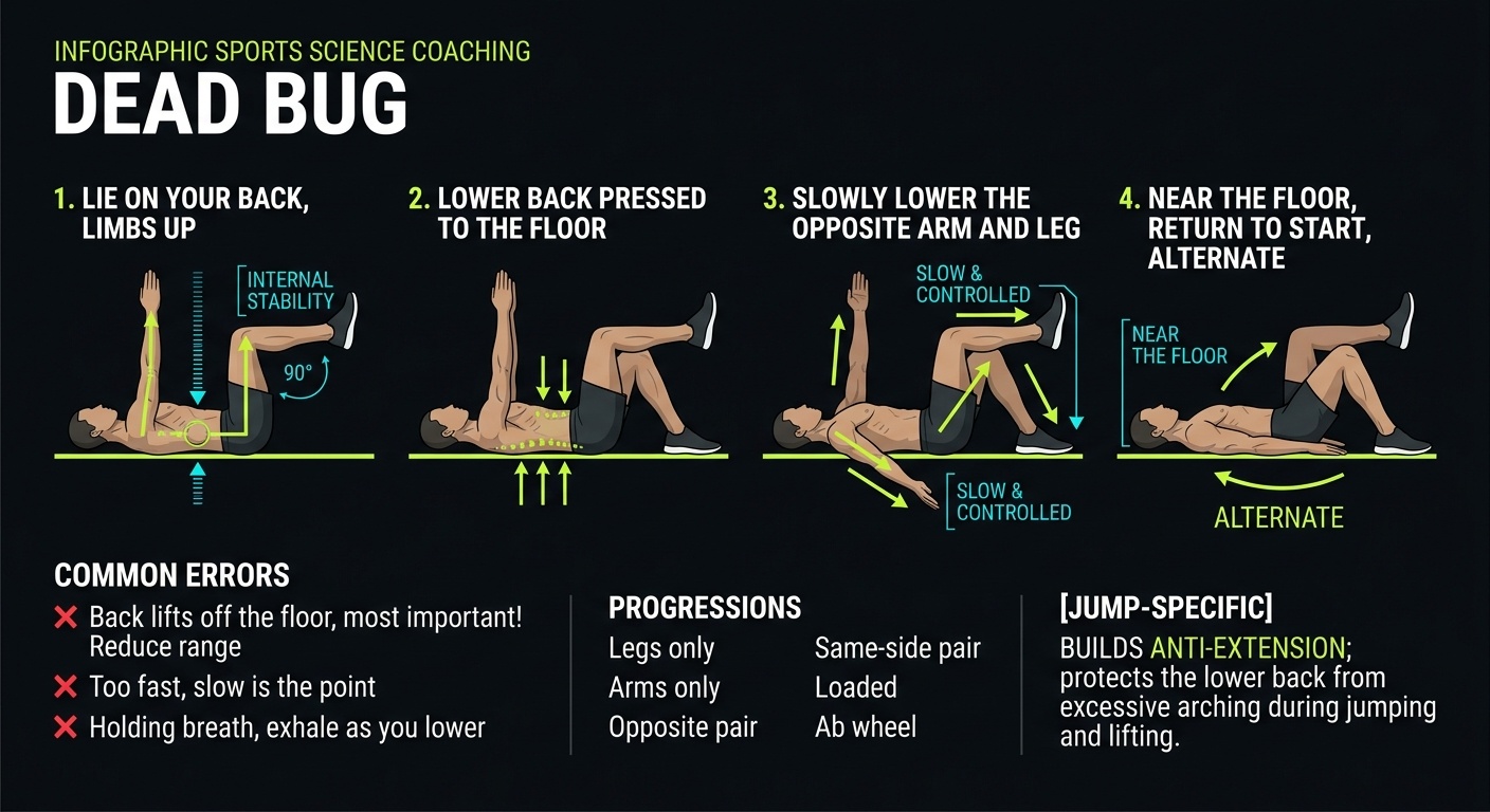 Dead Bug 4-step technique breakdown: setup, execution, peak extension, and recovery for vertical jump training