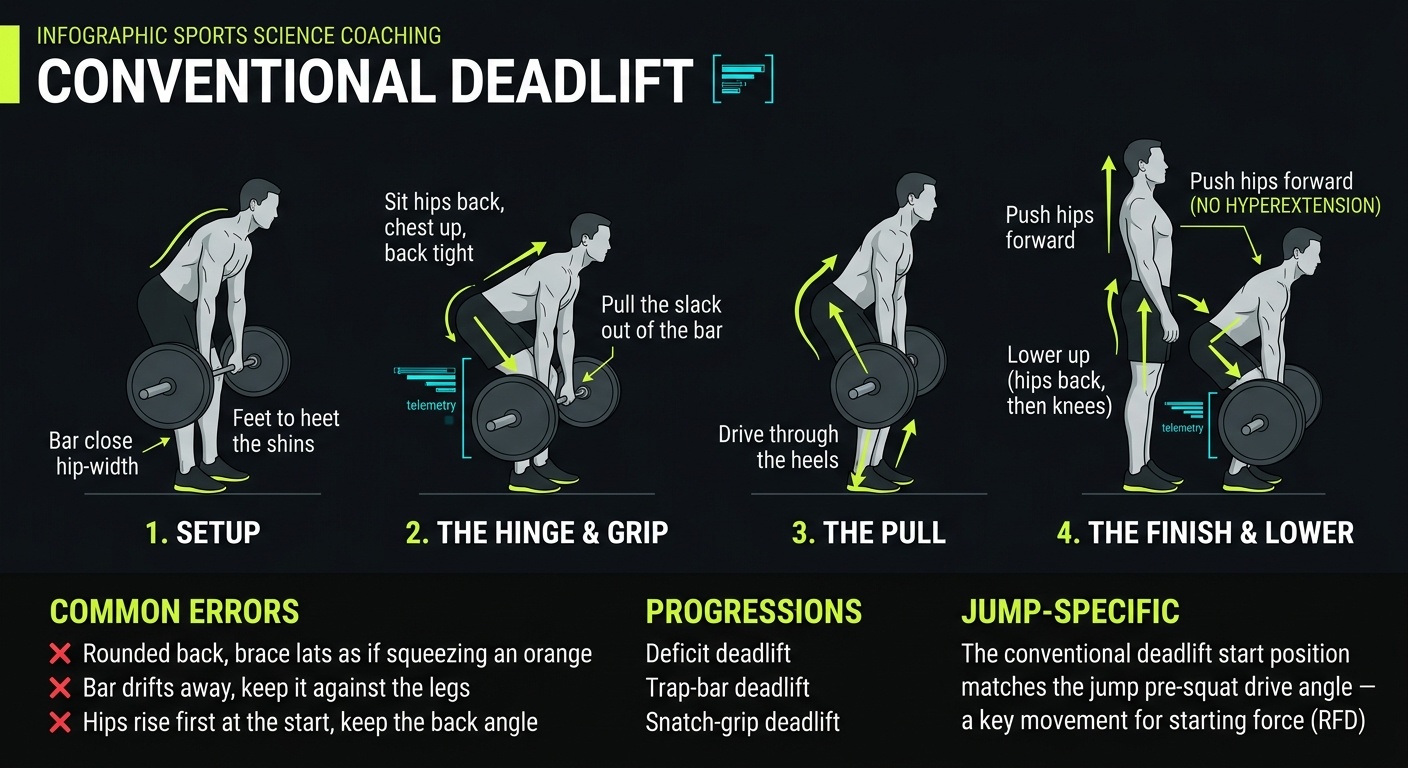 Conventional Barbell Deadlift 4-step technique breakdown: setup, execution, peak extension, and recovery for vertical jump training
