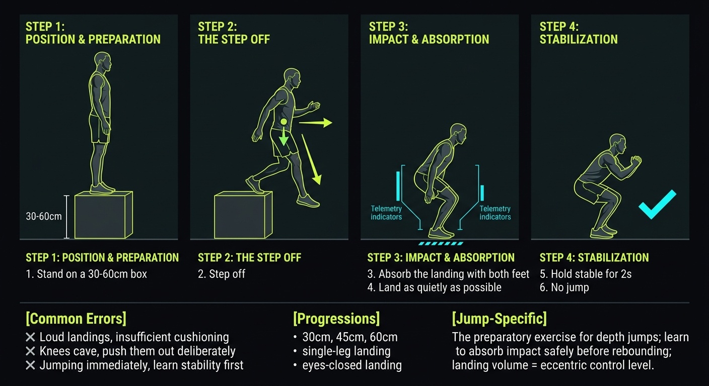 Depth Drop 4-step technique breakdown: setup, execution, peak extension, and recovery for vertical jump training