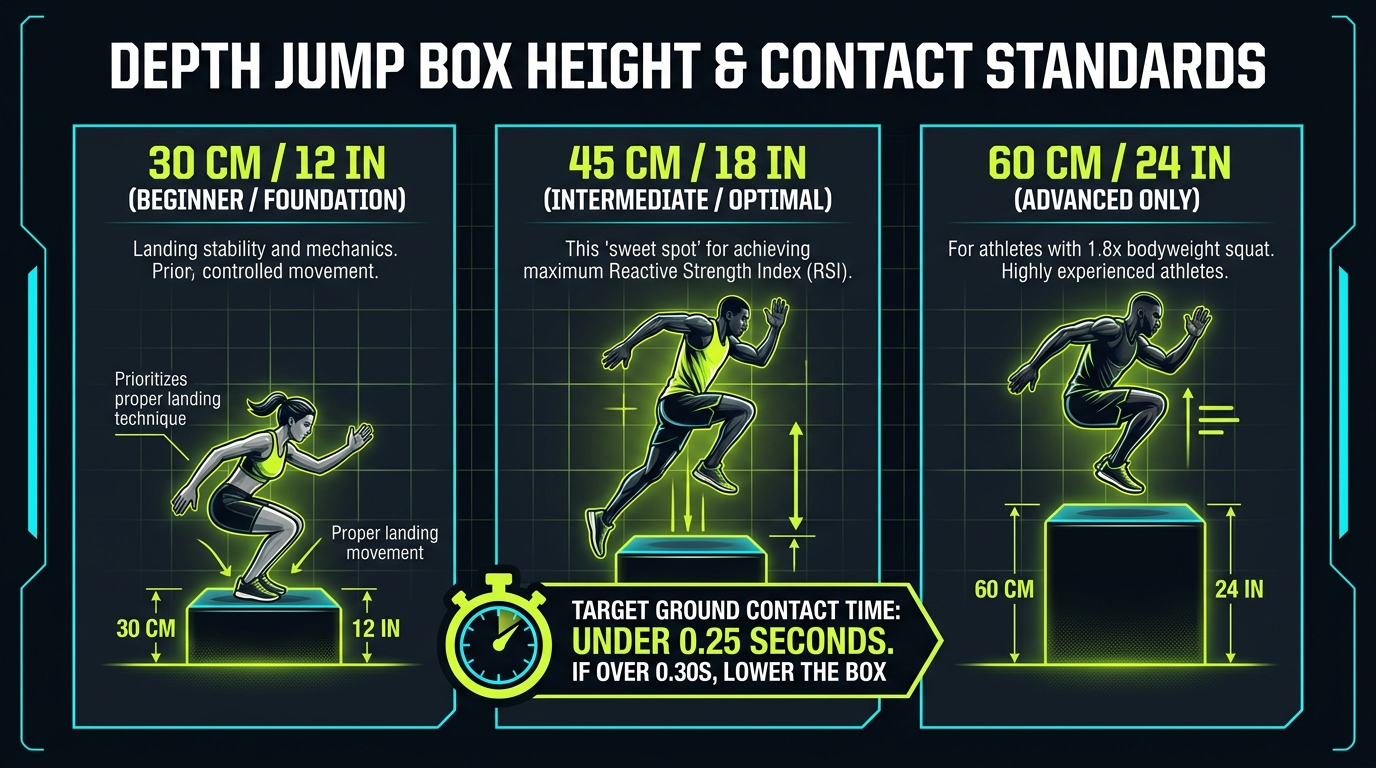 Depth jump box height recommendations and ground contact time standards: 30cm beginner, 45cm optimal, and 60cm advanced with under 0.25s ground contact target