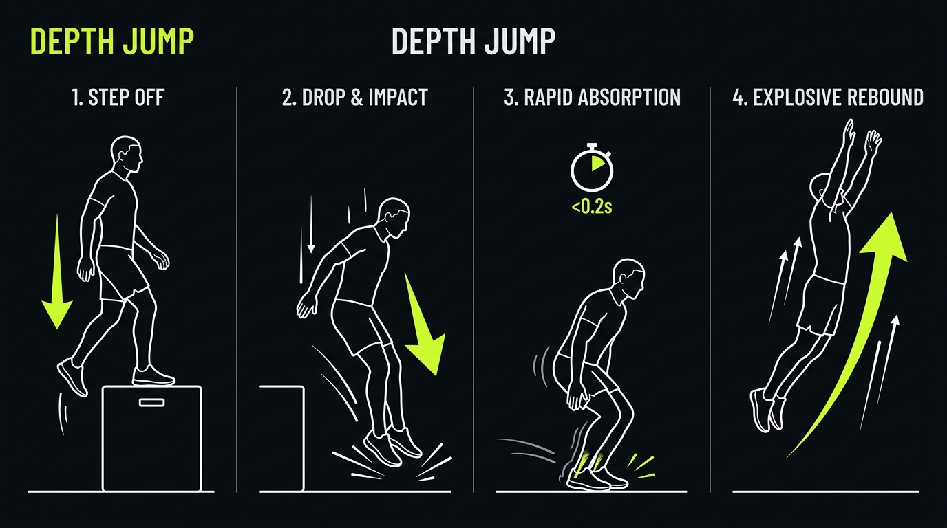 Depth jump plyometric technique breakdown: step off box, drop, rapid ground absorption under 0.2s, and explosive rebound