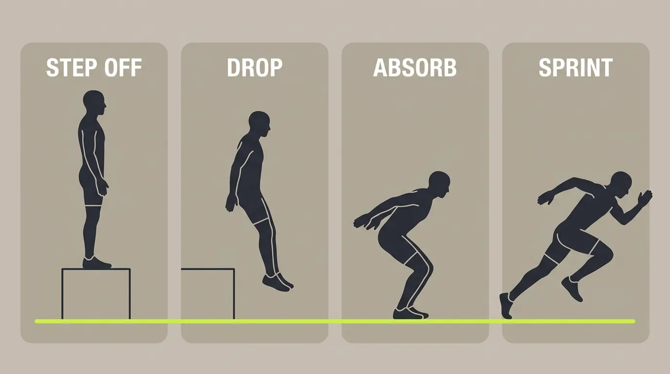 Depth jump to sprint four-step breakdown: step off, drop, absorb and sprint, in a dark gym setting