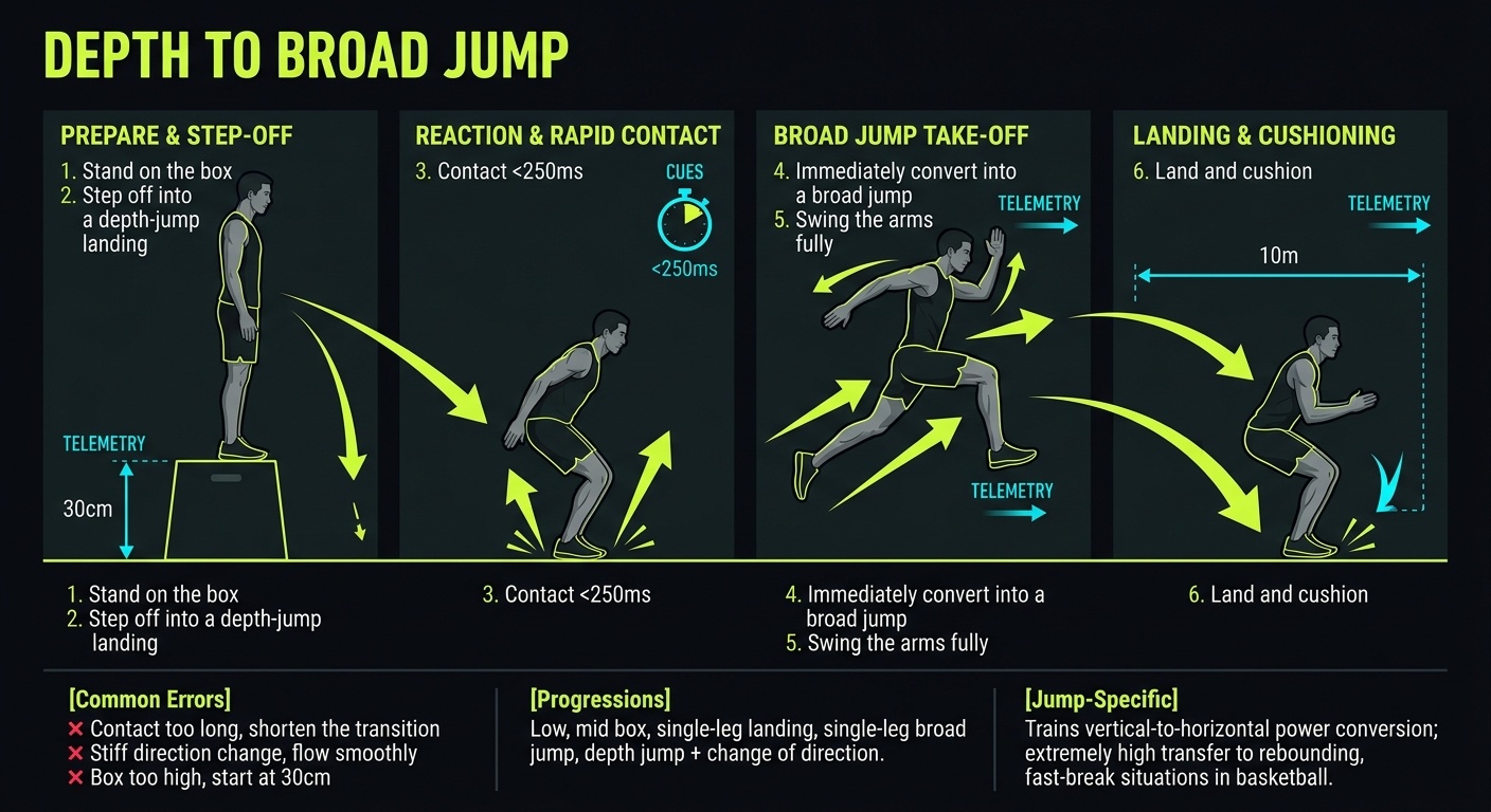 Depth to Broad Jump 4-step technique breakdown: setup, execution, peak extension, and recovery for vertical jump training
