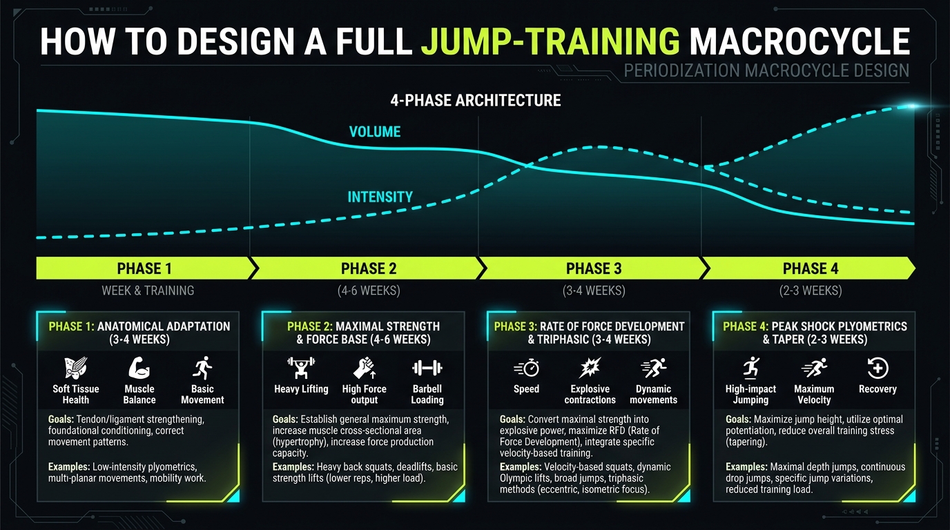 12-16 week vertical jump training macrocycle periodization chart: anatomical adaptation, maximal strength, RFD power, and plyometric peaking phases