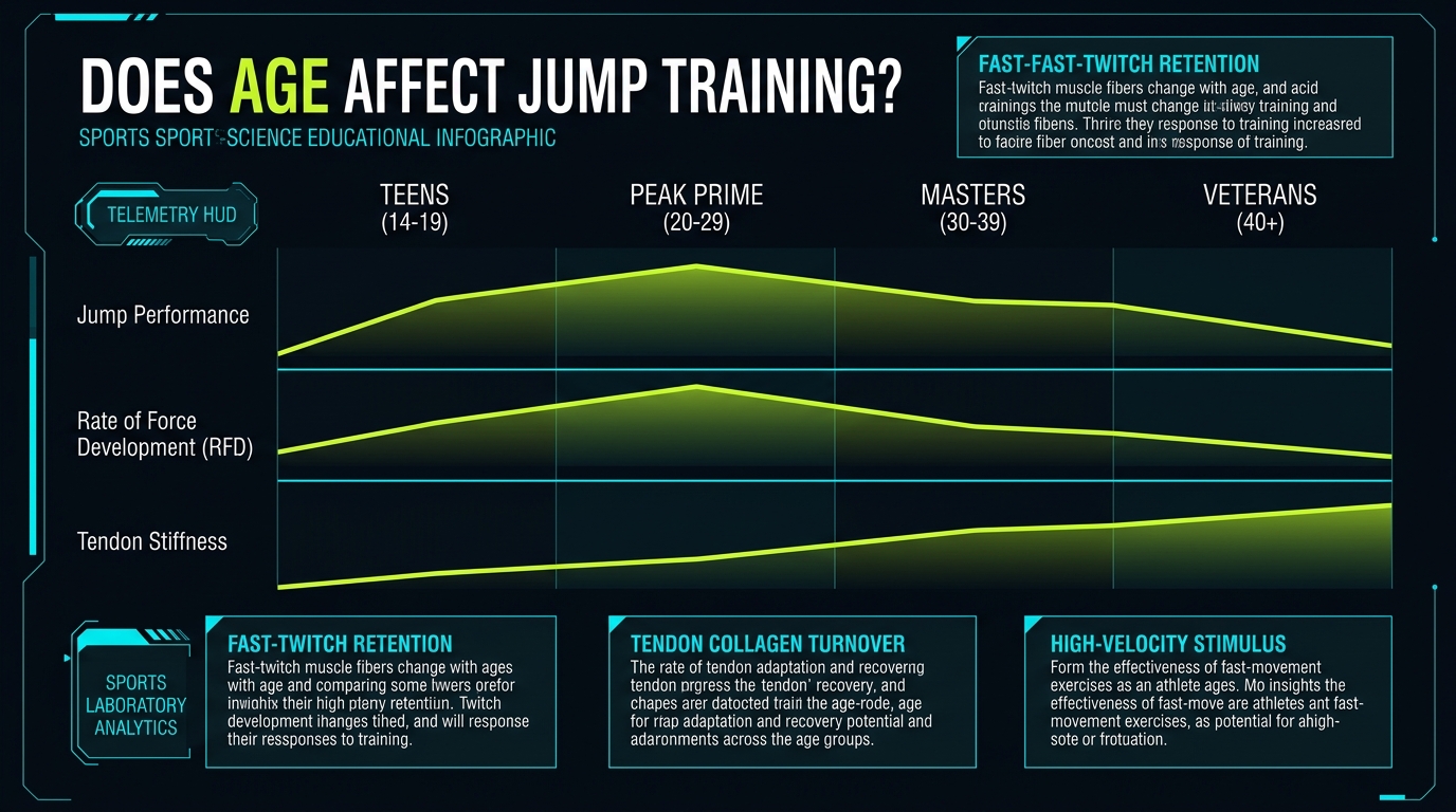 Does age affect vertical jump training infographic: neuromuscular adaptation lifecycle across teens, peak 20s, masters 30s, and veteran athletes with RFD preservation protocols