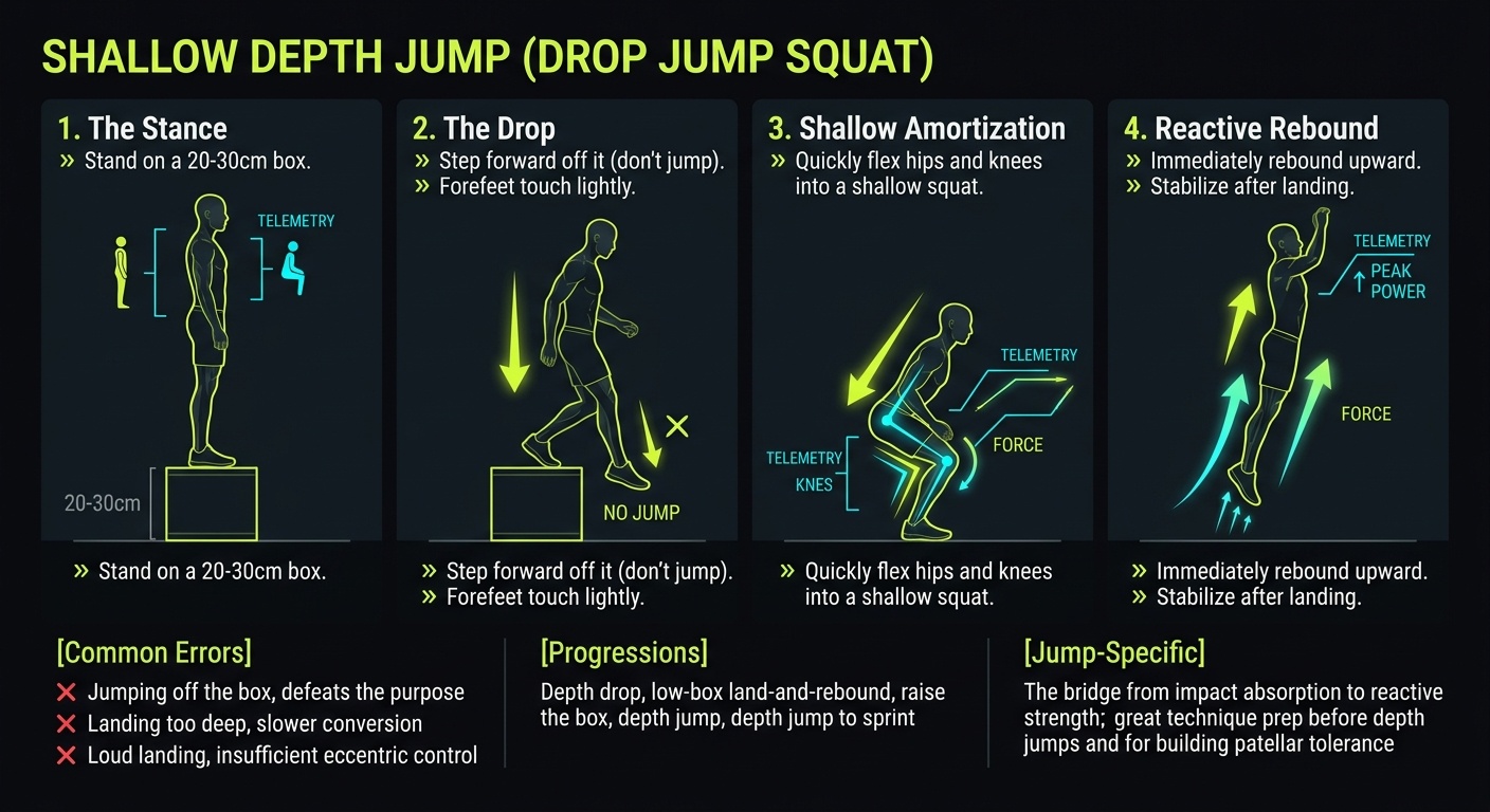 Shallow Depth Jump (Drop Jump Squat) 4-step technique breakdown: setup, execution, peak extension, and recovery for vertical jump training