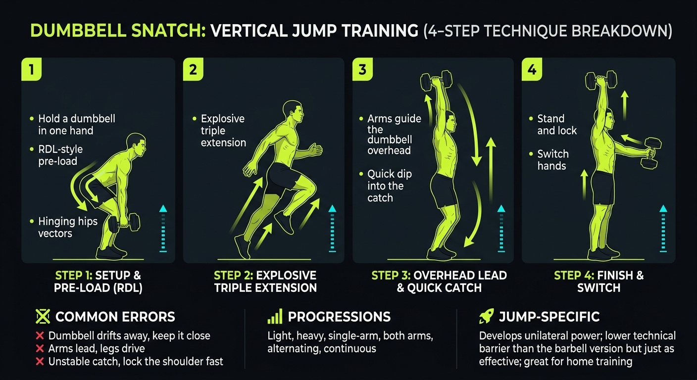 Dumbbell Snatch 4-step technique breakdown: setup, execution, peak extension, and recovery for vertical jump training