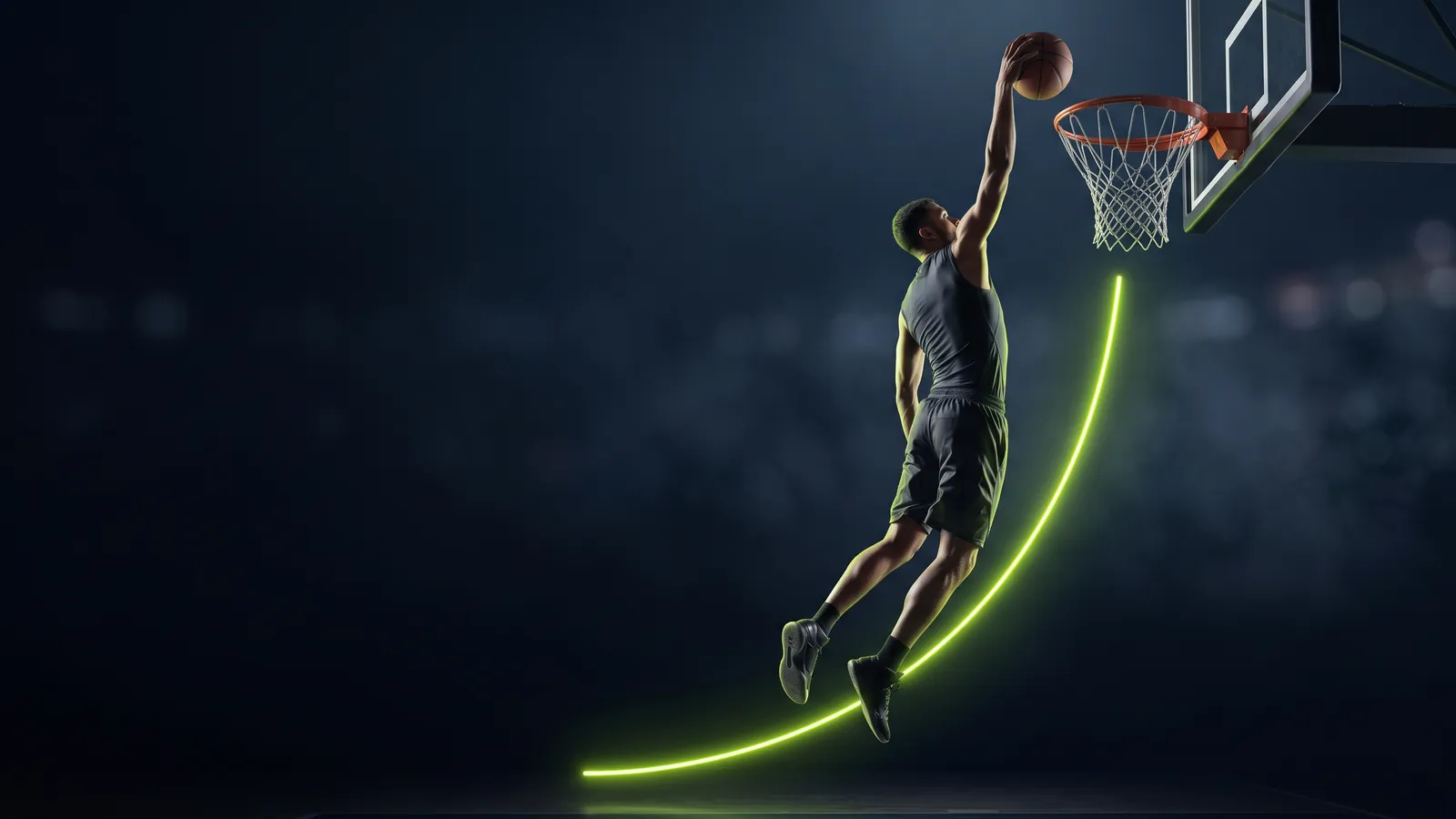 Basketball player dunking at the peak of a vertical jump, dark arena with a lime-green neon trajectory arc