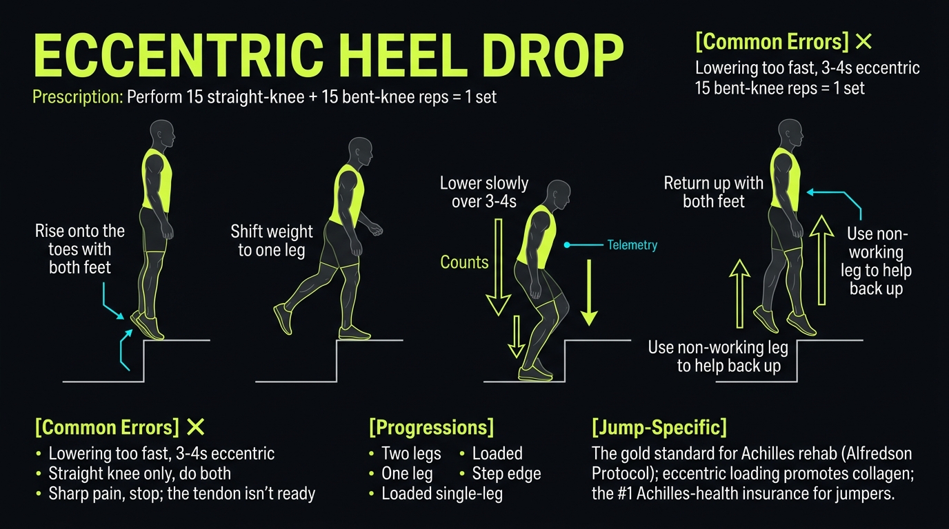 Eccentric Heel Drop 4-step technique breakdown: setup, execution, peak extension, and recovery for vertical jump training
